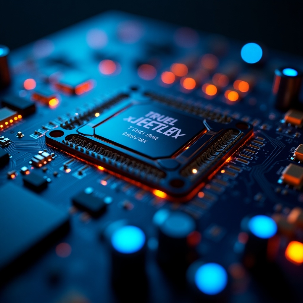 Close-up of a futuristic circuit board with glowing blue and orange lights. Focus on the central microchip. Details visible in low light.