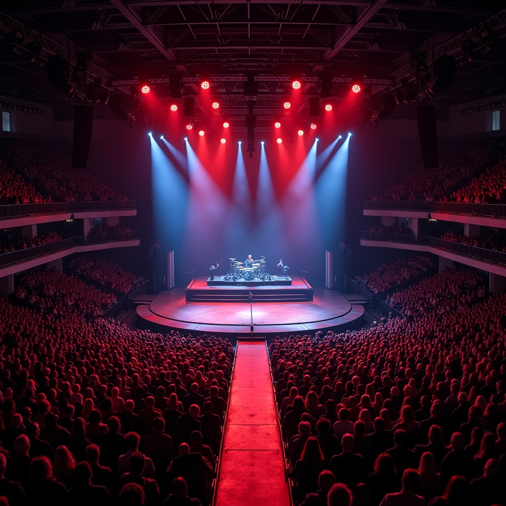 The image captures an electrifying concert at Madison Square Garden featuring Roddy Rich. The view is from above, showcasing a spacious arena filled with an audience. The stage is illuminated with dramatic red lights, highlighting the band in the center of a circular stage. A T-stage runway extends into the crowd, enhancing the connection between the performers and the fans. The overall atmosphere is energetic and vibrant, indicative of a lively music performance.