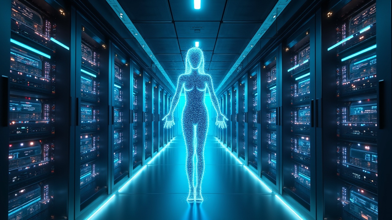 A futuristic scene in a server room, featuring a holographic human figure illuminated in glowing blue light standing at the center. The rows of server racks on both sides emit a cool, technological ambiance, enhanced by the subtle reflections on the polished floor. The composition exudes a sense of advanced technology and digital innovation.