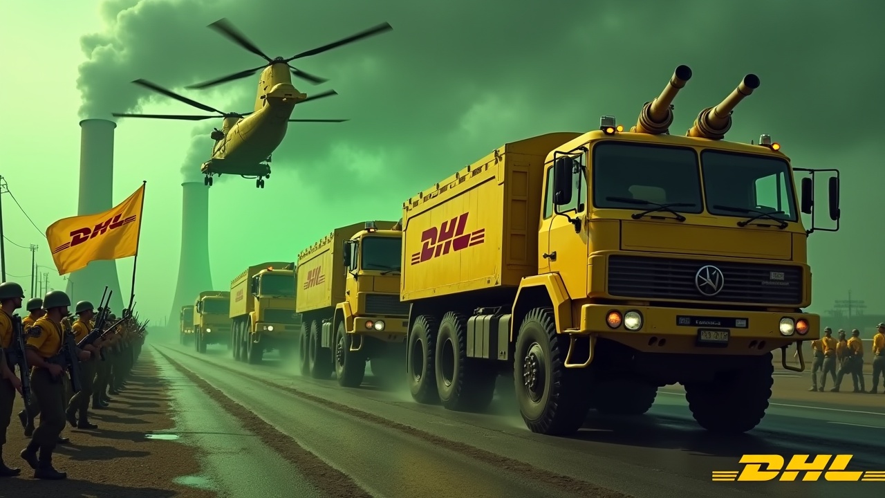 In a dramatic scene, several large yellow armored trucks equipped with double-barrel roof-mounted cannons are driving up to a road checkpoint. The sides of the trucks clearly show the DHL logo, emphasizing their identity. Nearby, soldiers in yellow uniforms march in unison, holding rifles and showcasing teamwork. One soldier proudly displays a large flag featuring the DHL logo. The background features prominent smokestacks of a nuclear power plant, adding to the overall intensity with a glowing green hue in the sky. Above, a large yellow Chinook CH-47 cargo helicopter flies, intensifying the action of the scene.