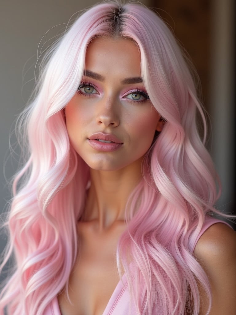 Young woman with pastel pink hair and rosy eyes. She has expertly applied pink makeup. Wearing a shiny leather dress.