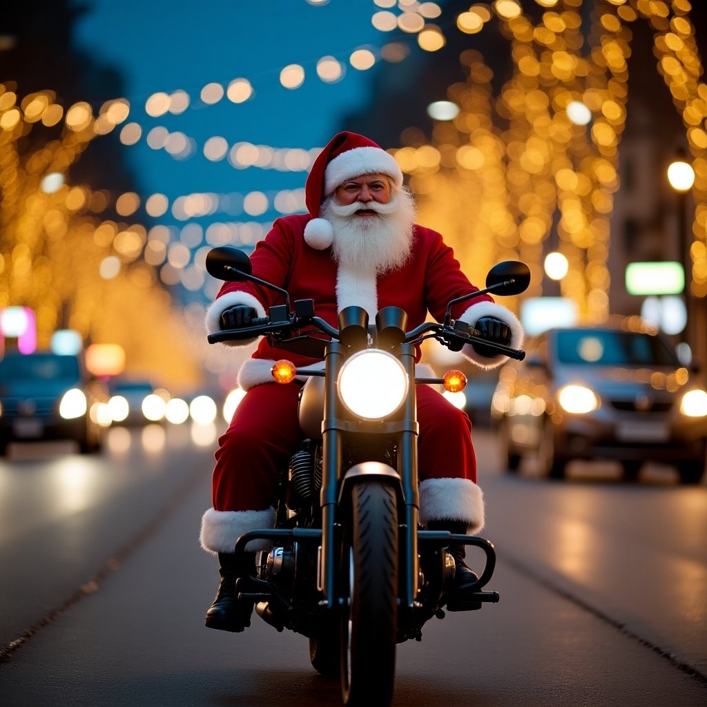 Santa Claus rides a motorcycle. The scene features festive lights. The motorcycle is a BMW. The background shows a Buenos Aires urban landscape illuminated for Christmas.