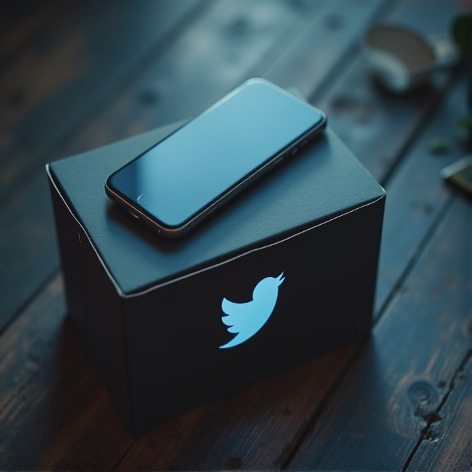 A smartphone rests on a box with a glowing blue bird symbol.