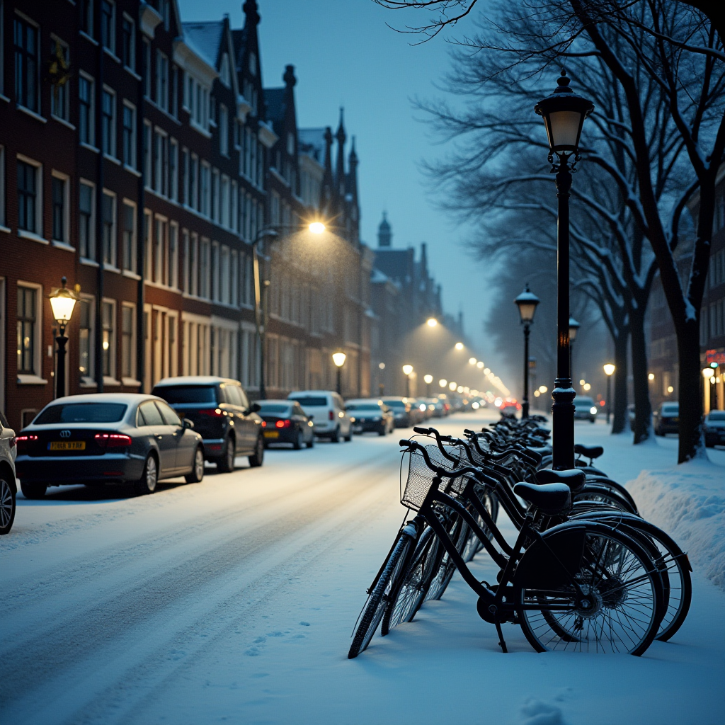 A snowy, serene city street lined with parked bicycles and softly glowing street lamps in the early evening.