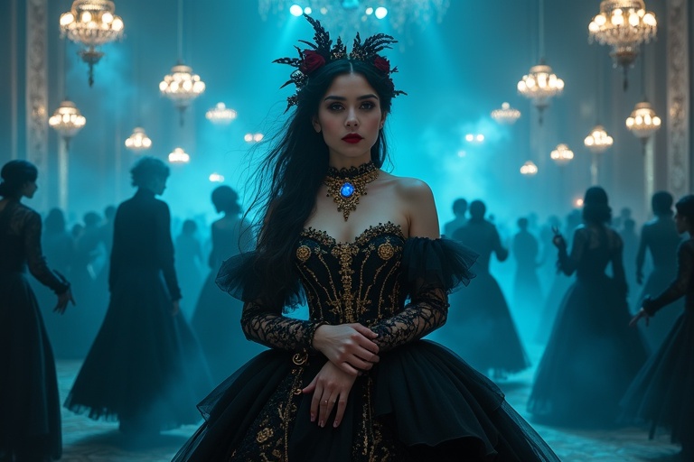 Gothic steampunk duchess stands in a dimly lit Victorian ballroom. Surrounding are floating ghostly blue lanterns. She has flowing raven-black hair and piercing crimson eyes. Black lace gown adorned with golden clockwork details. Choker with a glowing blue gemstone rests against pale skin. Holds a delicate mechanical fan. Background filled with shadowy dancing figures. Scene blends gothic elegance with steampunk innovation.