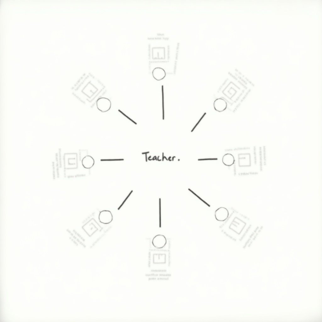 Flow diagram displaying the steps in the teaching process. Central focus on 'Teachers' input.' Surrounding the center are steps like diagnosis of students' needs, objective formulation, selecting content, organizing content, selecting learning activities, organizing learning activities, and evaluation.