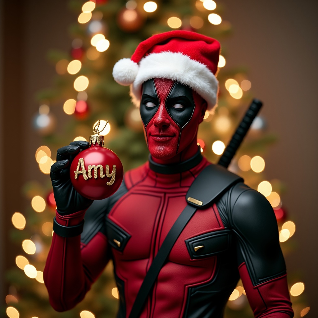 Deadpool in a Christmas outfit holding a bauble with the name on it Christmas tree background