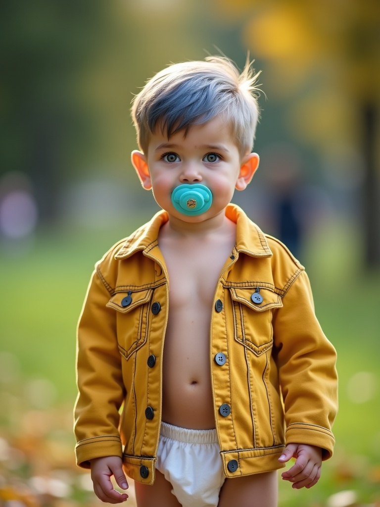 A seven year old British boy with blue hair and emerald green eyes. Wearing a yellow denim jacket and diapers. Smiling with a pacifier in the park with his parents.