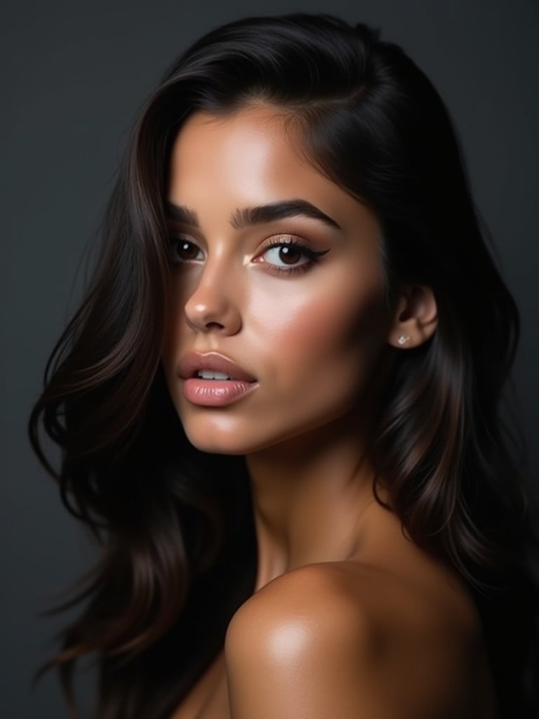 Portrait of a young woman with long dark hair and dark eyes. She looks slightly to the left with a neutral expression. Full makeup enhances her glossy lips. The lighting is soft and diffused. The background is gray, contrasting with her features. Focus is on her face with a polished look.