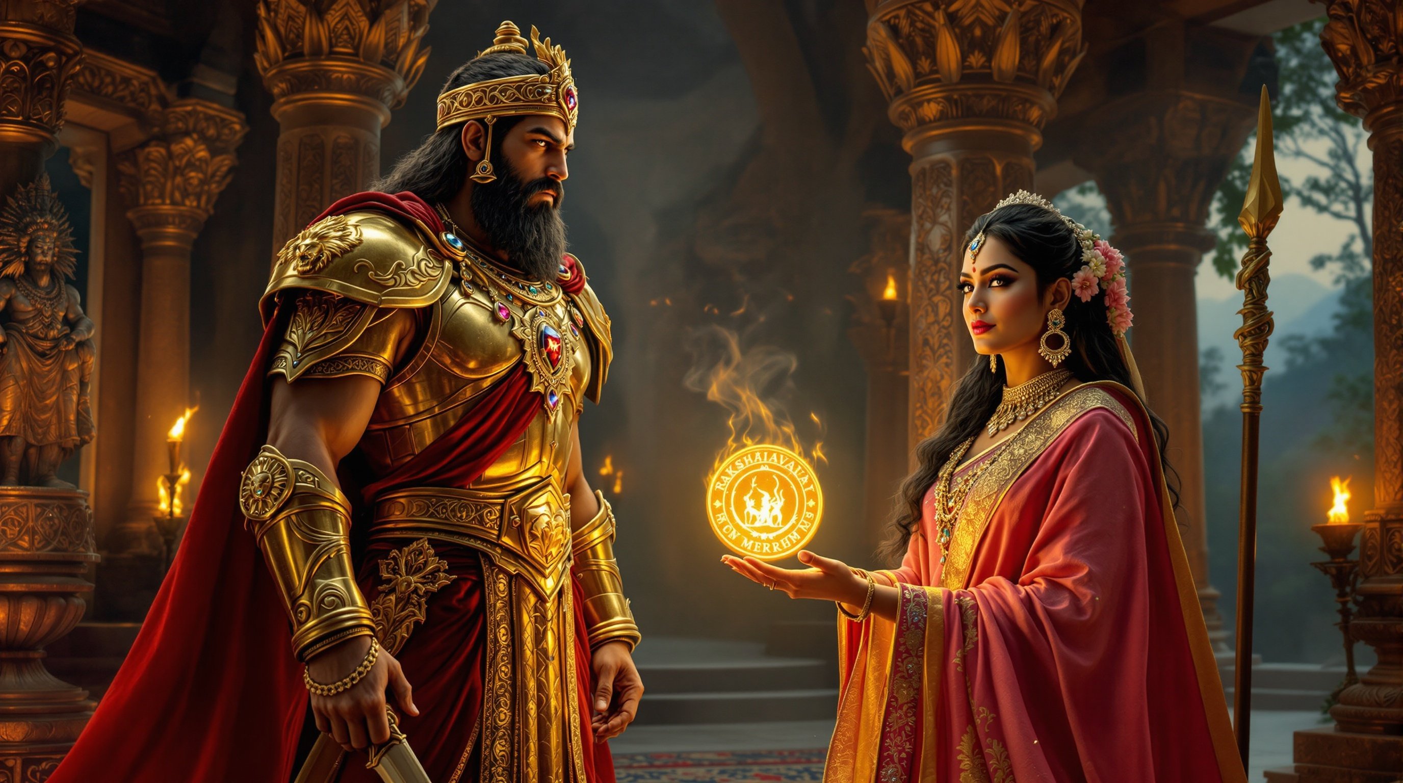 Grand chamber lit by warm torches featuring King Rudrasen and Queen Mriganjali. King in golden armor with a lion emblem. Queen in pink and gold saree. Old sage with a long beard holding a glowing 'Rakshakavach'. Intricate palace carvings and Himalayas in the background.