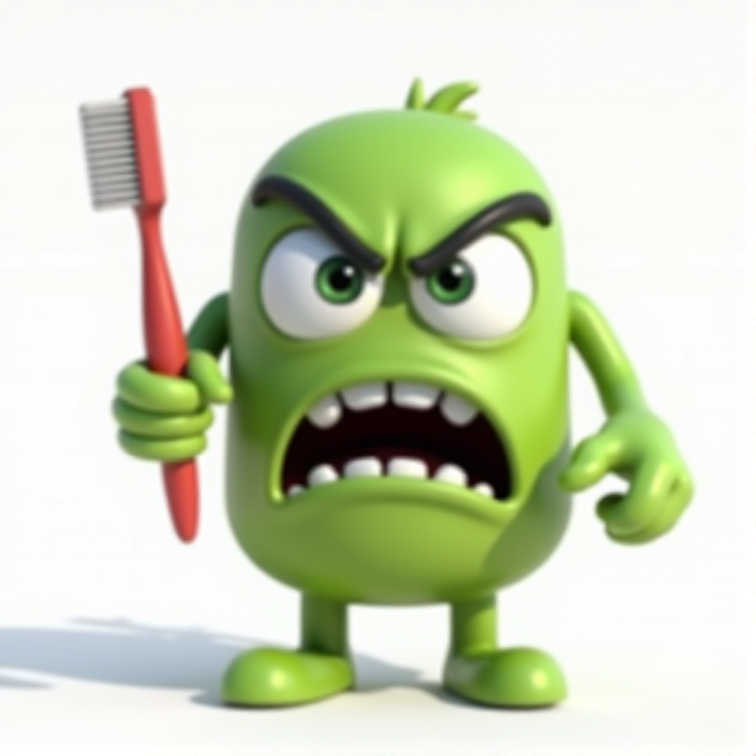 A green cartoon character with an angry expression holds a red toothbrush.