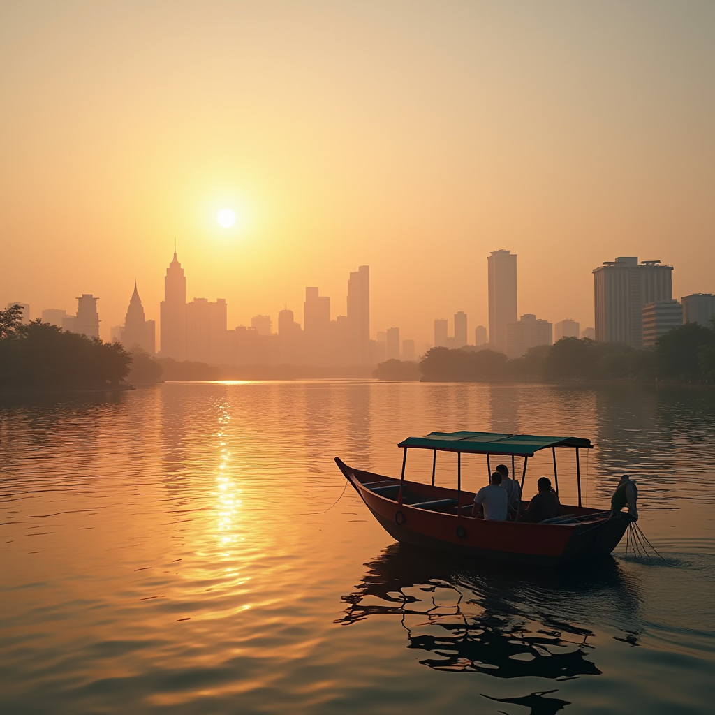 A small boat with three people is silhouetted against the warm hues of a sunset, reflecting over the calm waters, with a city skyline looming in the hazy distance.