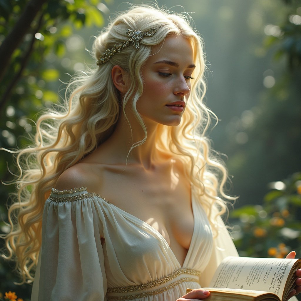 A woman reading a book outdoors. She has long, flowing hair and wears an elegant, flowing dress. Natural surroundings create a serene atmosphere.