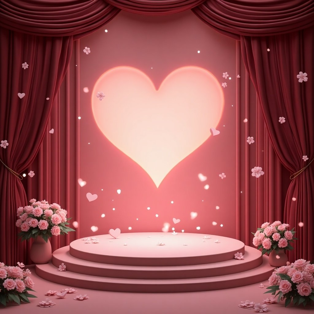 Stage design for Mother's Day celebration. Heart shaped light at center. Surrounded by pink flowers. Soft lighting creates a romantic atmosphere. Ideal for events and photography.