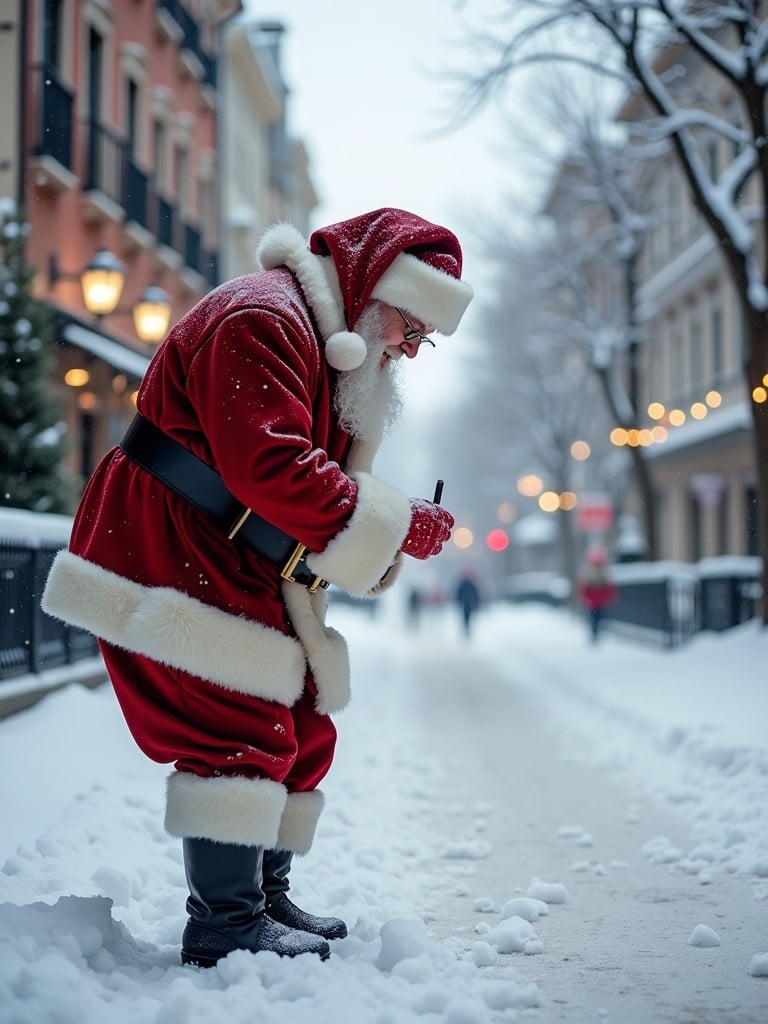 Santa Claus writes names in the snow. He wears a traditional red suit. The street is covered in snow with colorful buildings. The soft winter light enhances the scene. The atmosphere feels cheerful and festive.