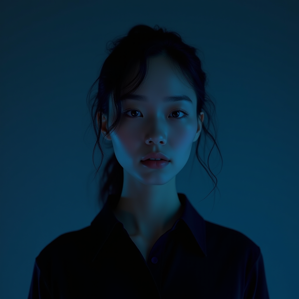 A woman in a dark setting illuminated with a gentle blue light.