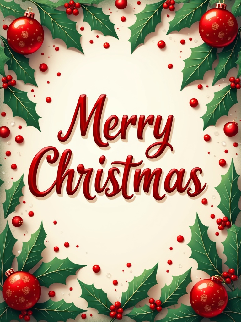 Design of a Christmas greeting. Typography emphasizes the words Merry Christmas. Holly leaves and red ornaments decorate the border. Suitable for festive occasions. Bright and cheerful colors in a warm atmosphere.