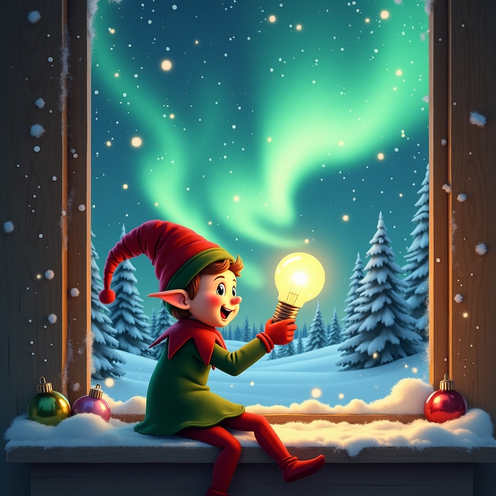 Cheerful elf at window during winter. Outside, stunning northern lights create magic. Elf holds bright light bulb. Ledge has snow and holiday ornaments. Snow-covered trees in background.