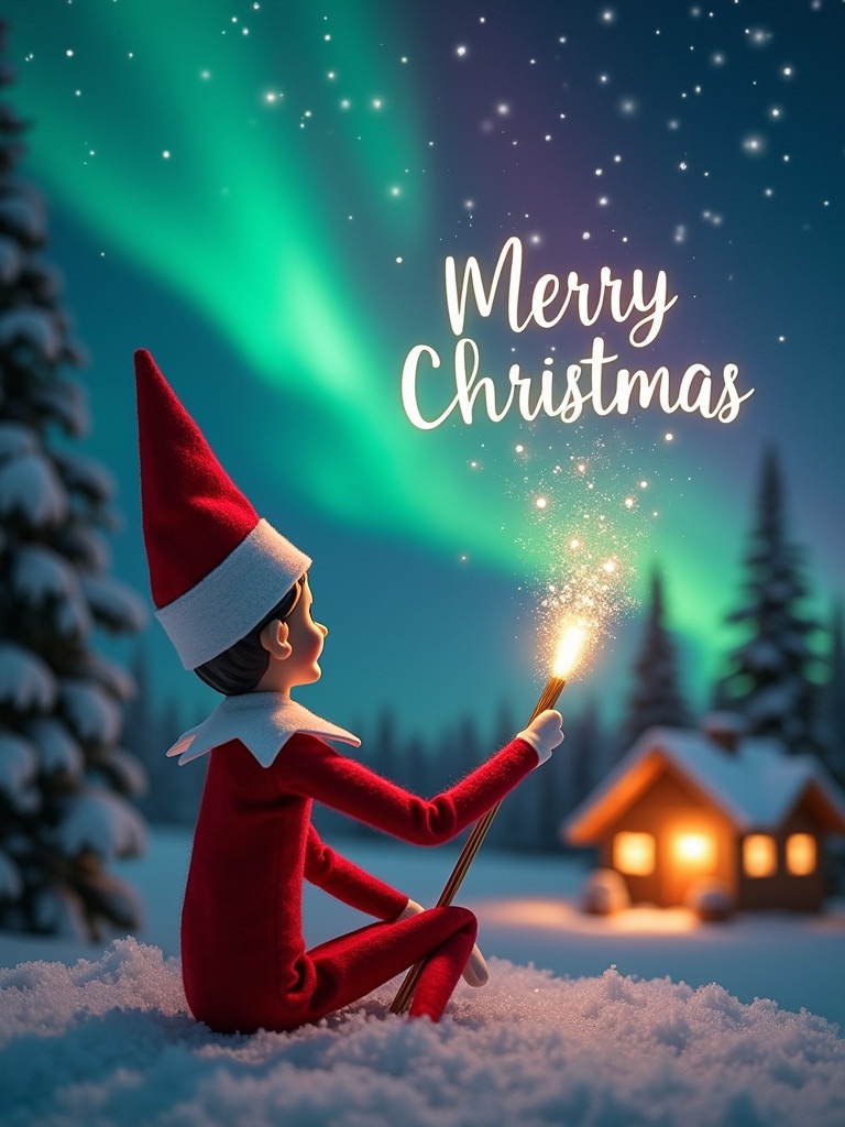 An elf sits with its back facing the viewer. The elf gazes toward the northern lights. The elf holds a glowing wand. Snow covers the ground. A cozy house appears in the distance. The scene conveys magic and wonder of Christmas. The words 'Merry Christmas Milan, Rodrigo, Angellee and Delilah' appear in the air from the wand.