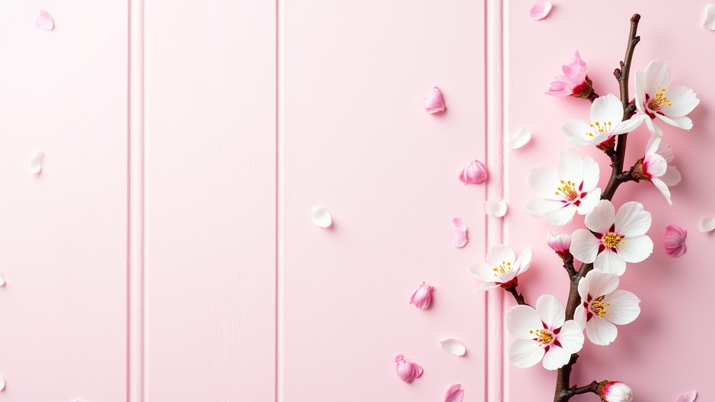 Light pink wooden surface decorated with scattered cherry blossom flowers and petals. Branch features multiple cherry blossoms blooming with white petals having pink centers and yellow stamens. Aesthetic appeal with individual blossoms and petals scattered, enhancing the visual charm. The background showcases soft pastel pink, accentuating the delicate nature of the flowers. The image evokes the essence of spring and nature's beauty.