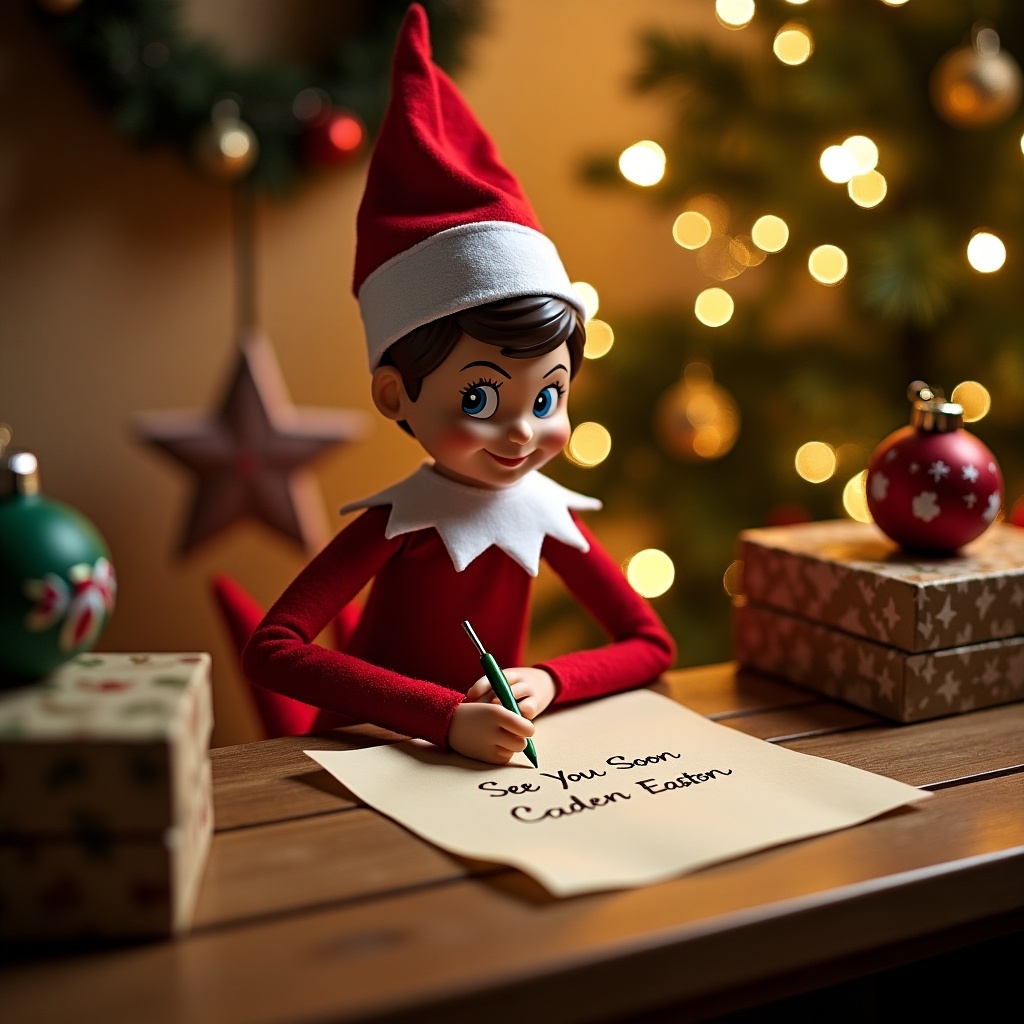 An elf from the Elf on the Shelf series is sitting at a wooden table, writing a note. The elf is dressed in a festive red outfit with a pointy hat. In the background, there are beautifully wrapped gifts and a Christmas tree adorned with lights and ornaments. The note on the table reads 'See You Soon Caden and Easton'. The scene is warmly lit, evoking a cozy Christmas atmosphere. The elf's expression is cheerful and inviting, making it a delightful holiday image.