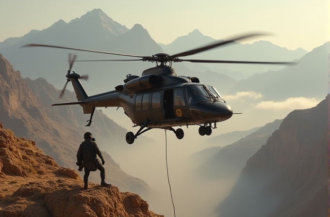 A helicopter hovers above a mountainous landscape with a person standing nearby.