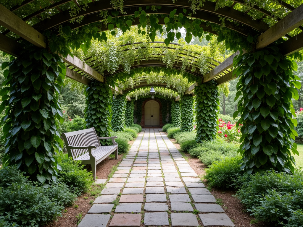 A tranquil garden walkway with a pergola adorned in lush green vines, featuring a white bench and a vibrant lawn on each side.