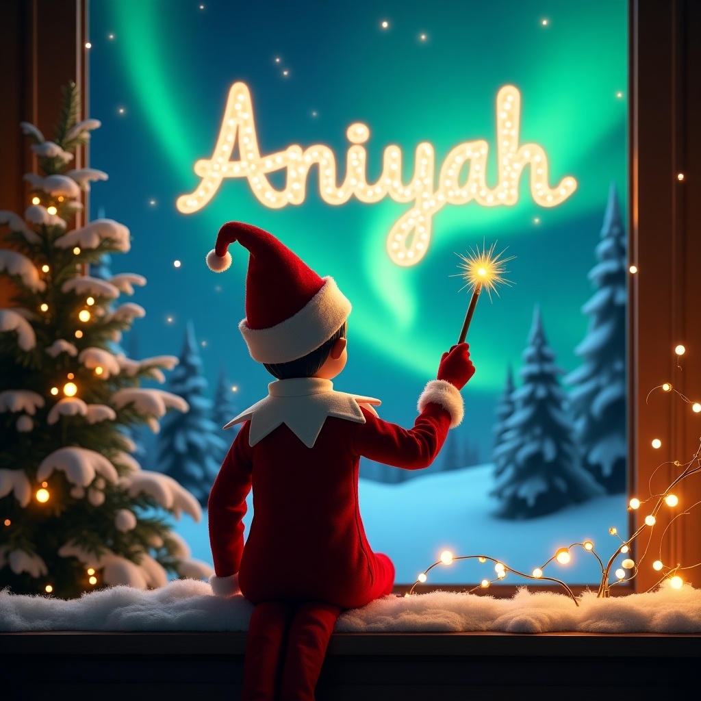 Enchanting Christmas scene with an elf on the shelf. Elf faces sky with back to viewer. Elf dressed in red and white holds a magic wand. Vibrant northern lights create a magical ambiance. The scene is festive and whimsical. Elf's position creates wonder and captures holiday joy.