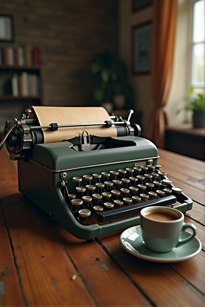 A green vintage typewriter sits on a wooden table beside a matching green cup of coffee, with a cozy, softly lit room in the background.