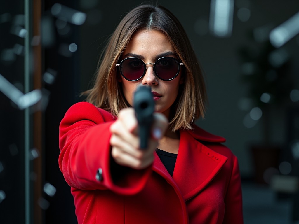 A woman in a red coat and sunglasses aiming a gun directly at the viewer, surrounded by flying glass fragments.