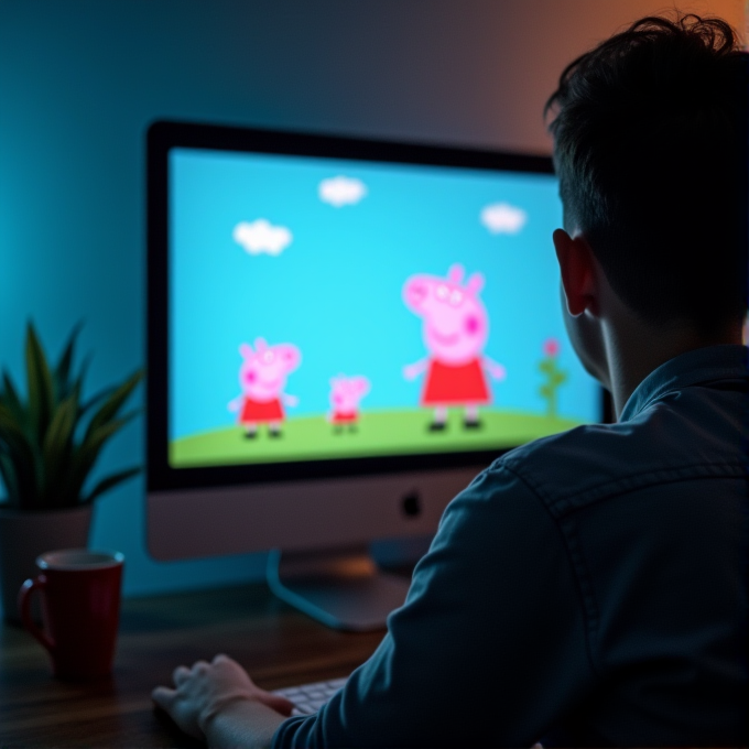 A person with short hair is watching an animated show on a desktop computer in a dimly lit room with a potted plant and a red mug nearby.