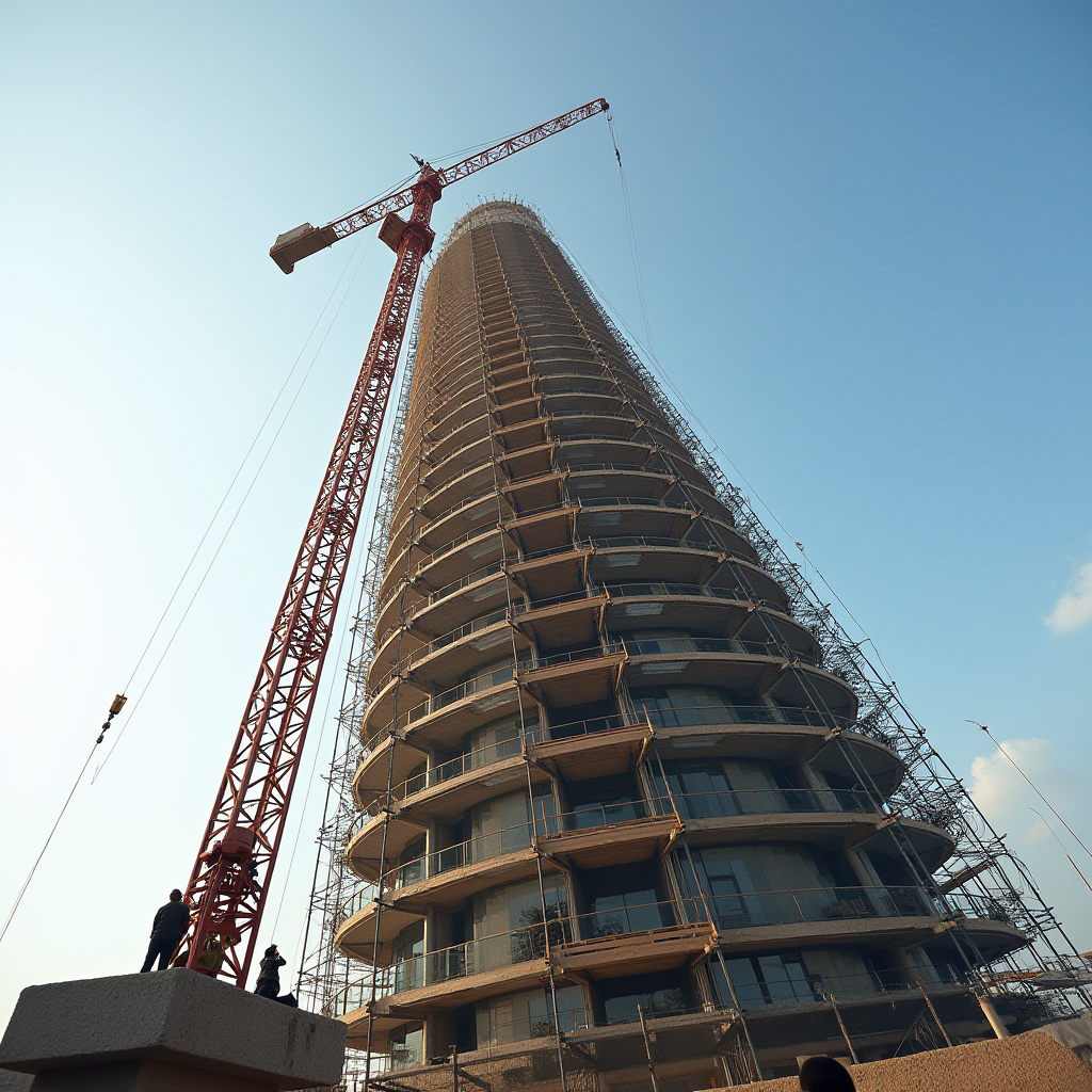 A towering skyscraper under construction, adorned with scaffolding and accompanied by a crane, reaches towards a clear blue sky.