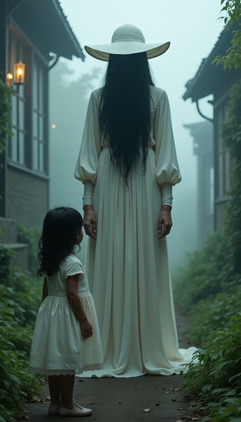 In a quiet, misty village, a young girl stands bravely before a towering figure resembling a woman. The figure wears a flowing, translucent gown, with long black hair cascading down and a wide-brimmed white hat obscuring her face. The girl looks up curiously, her hands raised as if speaking or pleading. The surrounding area is lush with greenery, creating a serene yet eerie atmosphere. This scene captures a moment of curiosity and fear, set in dim, ethereal light.