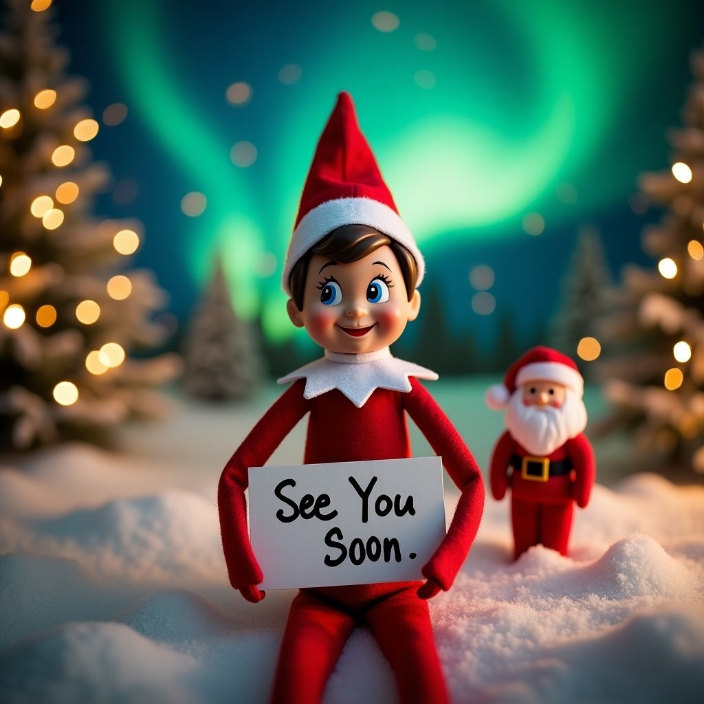 The image features an Elf on the Shelf character cheerfully holding a sign that reads 'See You Soon'. The elf is dressed in traditional Christmas colors, with a festive backdrop filled with twinkling lights and snow-covered trees. In the background, magical northern lights illuminate the night sky. Alongside the elf is a friendly Santa figure, adding to the holiday charm. This scene evokes a warm and cheerful atmosphere, ideal for the Christmas season. The overall composition is designed to capture the festive spirit and anticipation of the holidays.