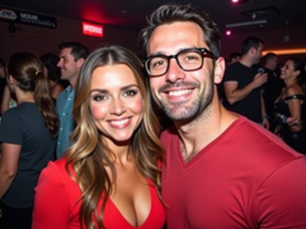 A man and a woman are posing for a photo at a social event. Both of them are smiling and appear to be enjoying themselves. The woman is wearing a red outfit, while the man is dressed in a red top and glasses. The background is dimly lit, suggesting this might be taken at a party or a club. The atmosphere seems lively and cheerful.