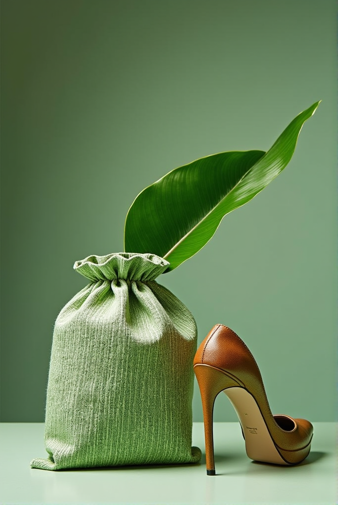 A green drawstring bag and a banana leaf are paired with a brown high heel shoe against a soft green background.