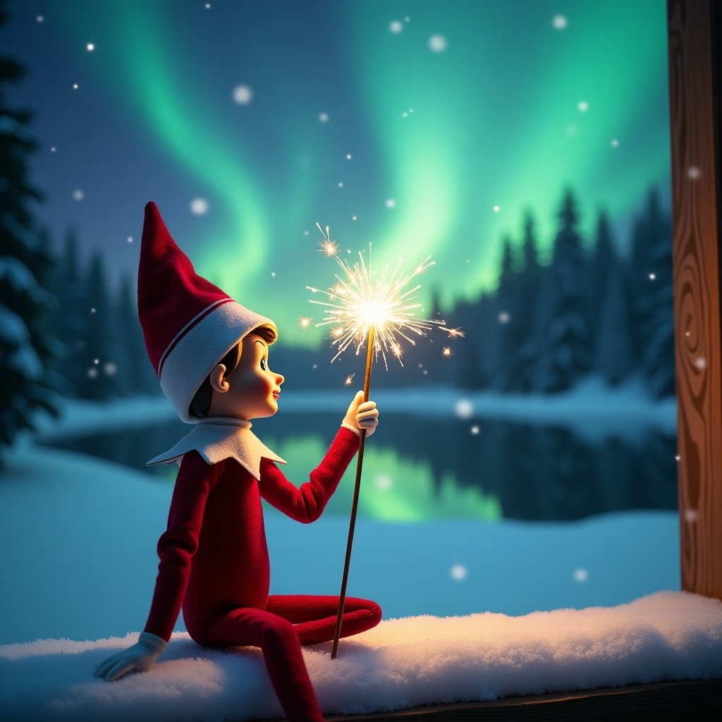 Elf on the shelf faces the sky holding a glowing wand. Colorful northern lights shine above with a frozen pond in the background. Snow covers the ground and pond. Elf represents Christmas magic. The name Havana appears in sparkles from the wand.