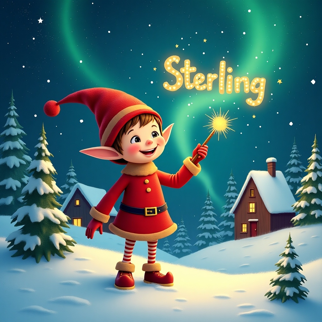 Elf dressed in red outfit with pointed hat holds a sparkling wand. Writing 'Sterling' in starry sky. Scene features snowy landscape with charming houses and evergreen trees under shimmering Northern Lights.