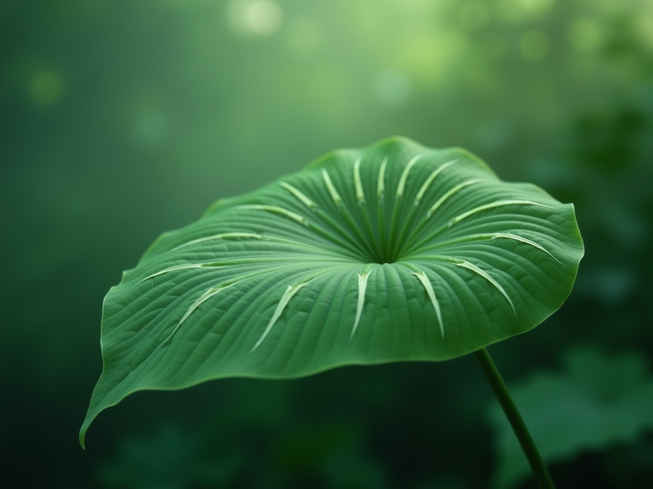 a single large, green leaf with prominent veins in a serene natural setting