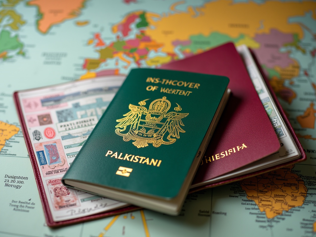 Displayed prominently is a green colored Pakistani passport resting on a world map with its pages open to reveal multiple visas and entry stamps. This setup suggests frequent travels and highlights the importance of travel documentation. The passport features a rich burgundy cover, embossed with the national emblem of Pakistan, framing it as an essential tool for international travel. The background map is scattered with geographical details, accentuating the global adventure theme. This image captures the essence of travel and exploration, depicting readiness for new journeys.