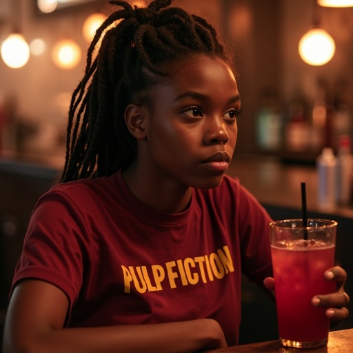 A shot of a college student at a bar wearing a Pulp Fiction shirt. She has messy box braids and is holding a red cocktail. The girl looks uneasy while staring off. The setting is contemporary and urban.