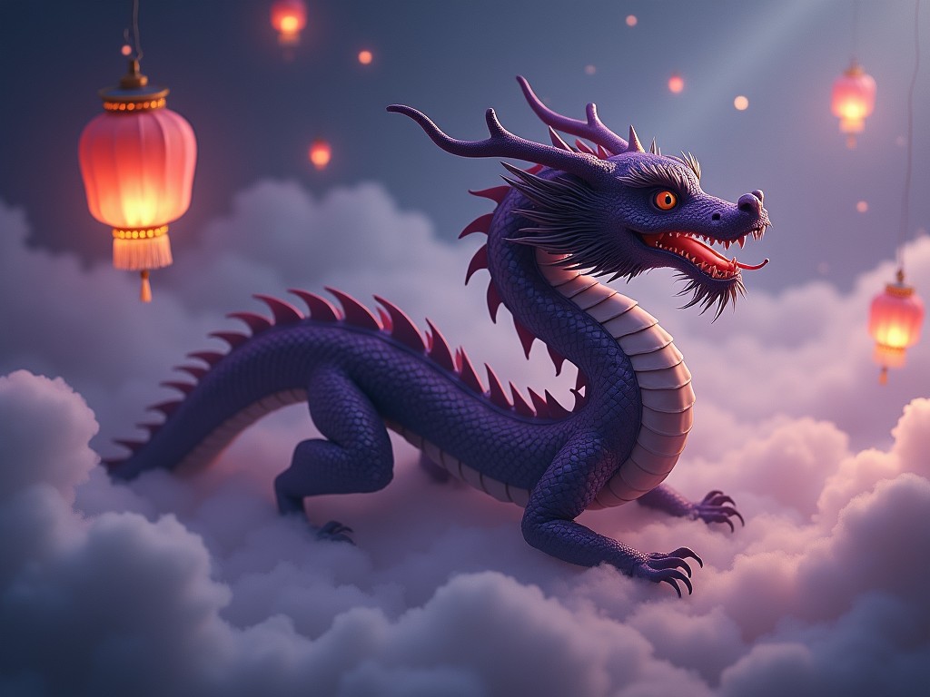 A majestic dark purple Chinese long dragon is depicted amidst fluffy white clouds. The dragon has fierce, expressive eyes and sharp, elongated features, showcasing its mythical grace. Surrounding the dragon are floating lanterns that emit a warm, inviting glow, creating a magical atmosphere. The clouds add an ethereal feel to the scene, enhancing the fantasy element. This illustration captures the essence of Chinese folklore, representing strength and wisdom.