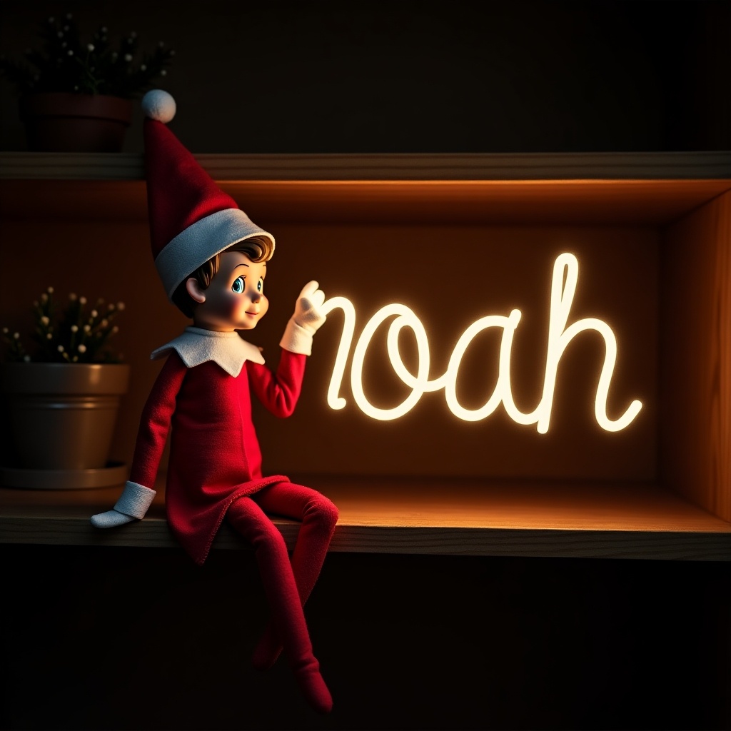 This image features a boy elf on a shelf, dressed in the classic red and white outfit. He is holding a glow stick that forms the name 'noah' in bright light. The background is dark, making the glow of the text even more prominent. This cheerful scene evokes the essence of Christmas. It captures the festive spirit and the joy that comes with the holiday season. You can almost feel the warmth and magic radiating from the glowing letters.