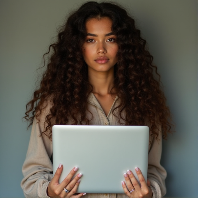 A woman with curly hair holds a laptop thoughtfully against a plain background.