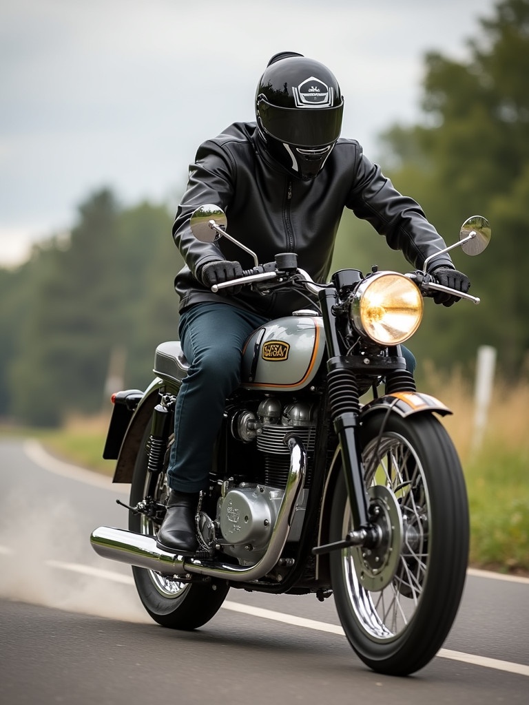 A rider in a black helmet drives a vintage BSA motorcycle along a country road. The motorcycle features a classic design with chrome elements and is captured in a slightly elevated side view. The rider wears a black leather jacket and dark pants. The backdrop includes green trees and cloudy skies.