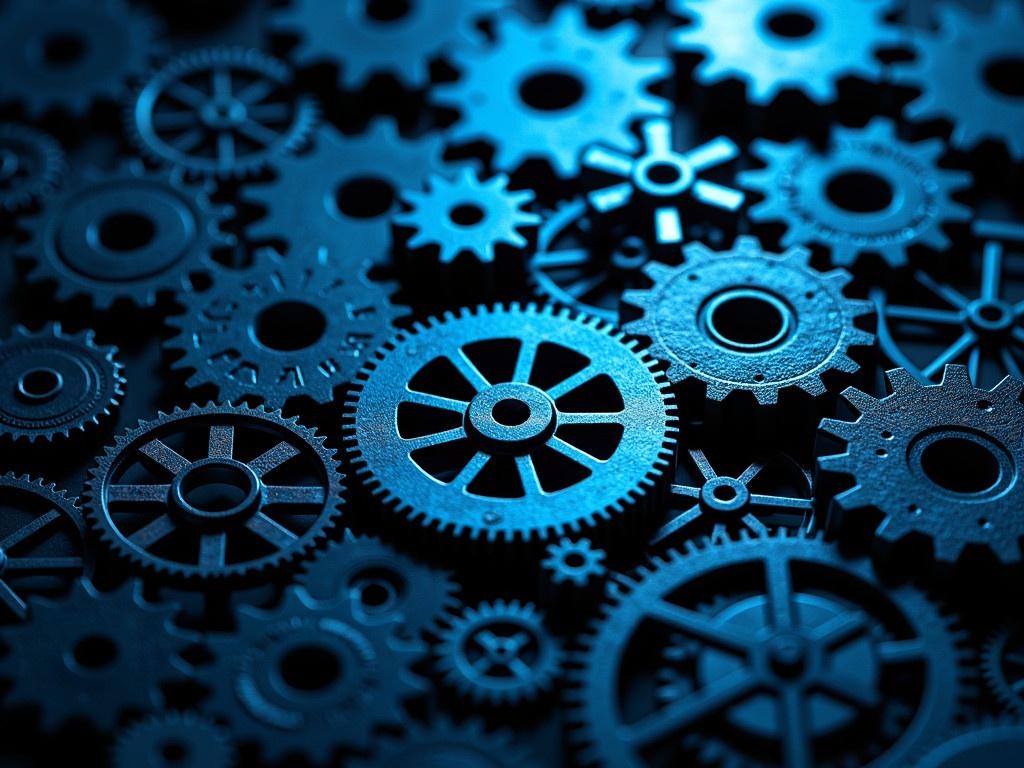 Professional stock photo depicting a collection of interlocking gears and cogs. Various sizes of gears intricately meshed together. Dark background enhances the illuminated gears. Represents mechanics and engineering concepts. Highlights how components work together in systems.