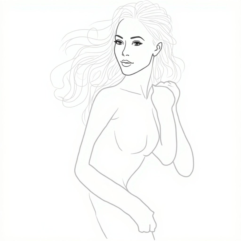 Line art of a woman with flowing hair. The figure stands in a dynamic pose with a soft expression. Simple and elegant design with no coloring.