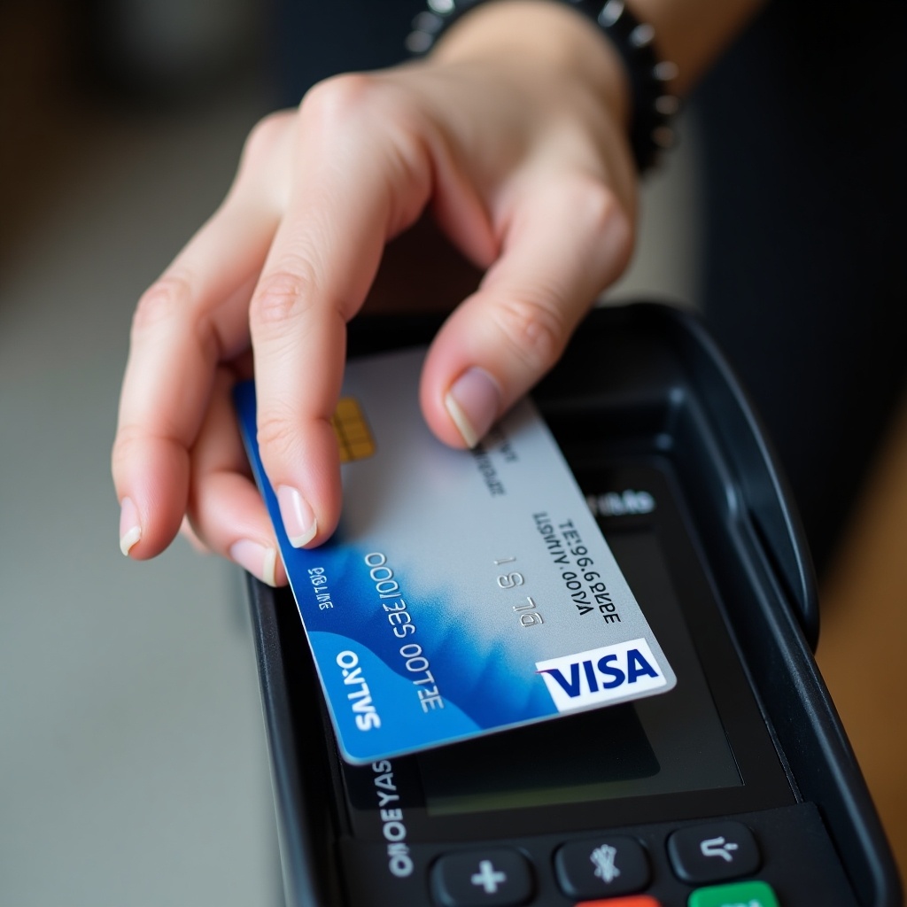 Close-up image of a hand using a credit card for contactless payment. Focuses on a Visa card above a payment machine. Neutral background highlights the transaction. Bright lighting enhances details of the card.