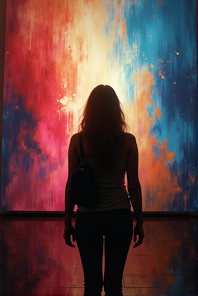 A person stands in front of a large, colorful abstract art piece with red, blue, and orange hues.