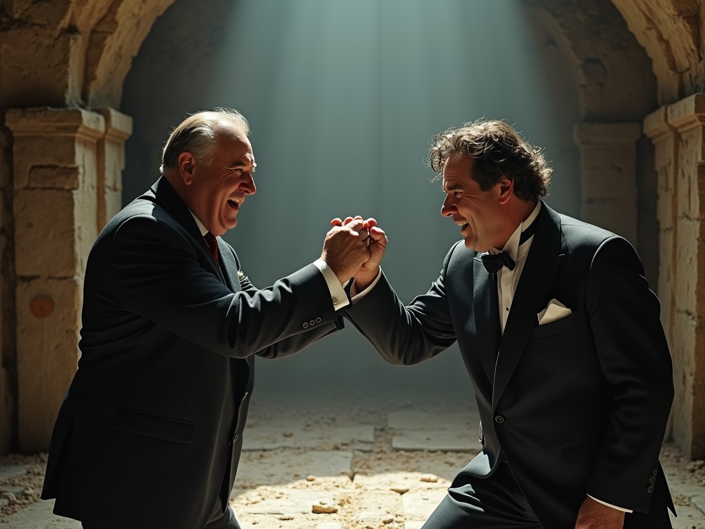 The image depicts two well-dressed men warmly greeting each other with clasped hands and broad smiles, set against the backdrop of an ancient stone hall. Light streams in from above, highlighting their expressions and casting soft shadows on the textured floor. The contrast between their modern suits and the historic setting creates a striking visual narrative.